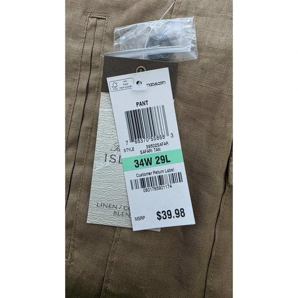 Tasso Elba Island Mens 34x29 Linen Pants Safari Tan Drawstring Straight Leg NEW